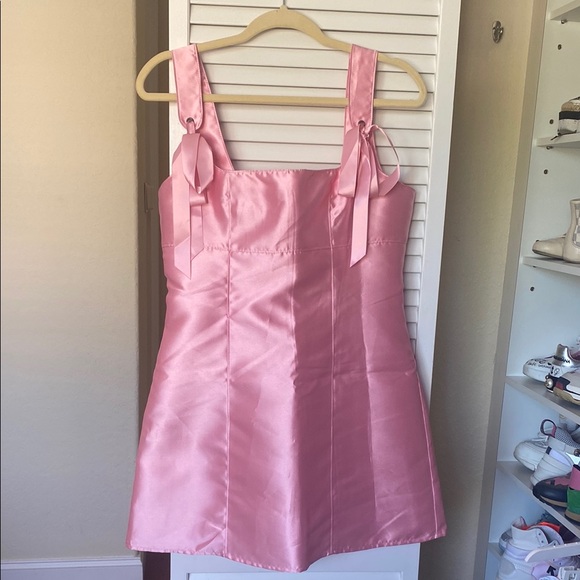 Pink Satin Mini Dress with Bow Straps - Picture 1 of 3